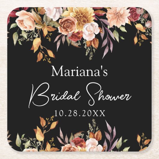 ブラック秋フローラブライダルシャワー スクエアペーパーコースター (正面)