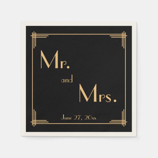 ブラック素晴らしギャツビーアールデコ結婚ベージュ色ナプキンス スタンダードカクテルナプキン (正面)