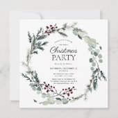 ブラック素朴ウィンターボタニカルリースホリデーパーティー 招待状 (正面)