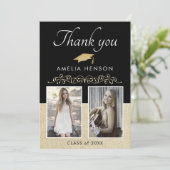 ブラック素朴エレガントオーナメント2写真卒業 サンキューカード (スタンド正面)