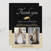 ブラック素朴エレガントオーナメント2写真卒業 サンキューカード (正面/裏面)