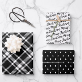 ブラック素朴タータンチェックプレイドメリークリスマス ラッピングペーパーシート