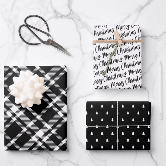 ブラック素朴タータンチェックプレイドメリークリスマス ラッピングペーパーシート (正面)