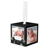 ブラック素朴フォトコラージュスノー キューブオーナメント (正面アングル)