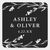 ブラック素朴フローラワイルドフラワー結婚式の引き出物 スクエアシール (正面)