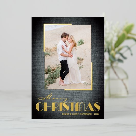 ブラック素朴メリークリスマス写真 箔シーズンカード (立ち正面)
