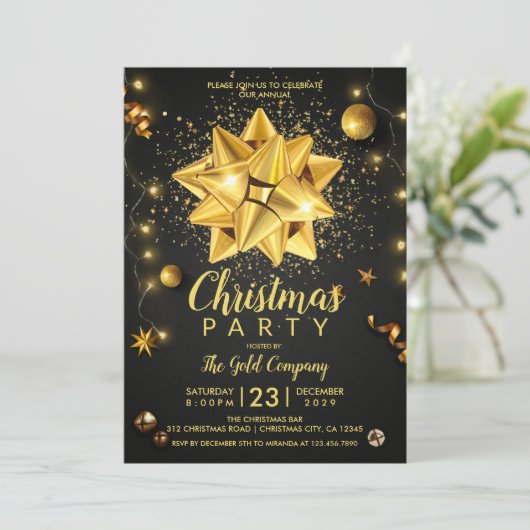 ブラック素朴金ゴールド会社クリスマス 招待状 (スタンド正面)