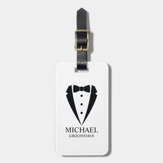 ブラック結婚のツキシードのスーツパーソナライズされたの行商人 ラゲッジタグ (正面縦)