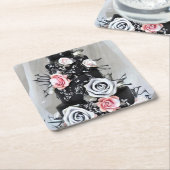 ブラック結婚ズケーキとバラ スクエアペーパーコースター (アングル)