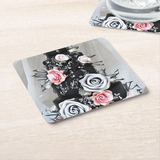 ブラック結婚ズケーキとバラ スクエアペーパーコースター (アングル)
