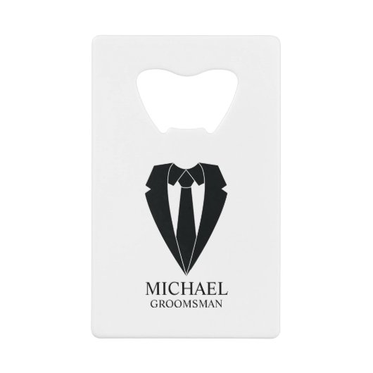 ブラック結婚ズスーツとタイのグローミパーソナライズされたンズ クレジットカード栓抜き (正面)
