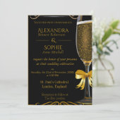 ブラック結婚式招待状と金ゴールドシャンパングラス 招待状 (スタンド正面)