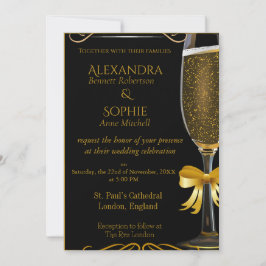 ブラック結婚式招待状と金ゴールドシャンパングラス 招待状