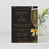 ブラック結婚式招待状と金ゴールドシャンパングラス 招待状 (スタンド正面)