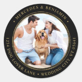 ブラック結婚金ゴールドカスタムフォト差出人住所 ラウンドシール (正面)
