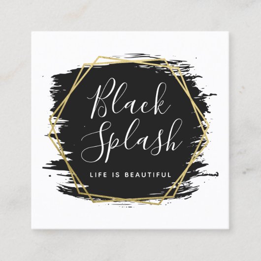 ブラック絵を描ストロークと金ゴールドのモダンソーシャルネットワーキング スクエア名刺 (正面)