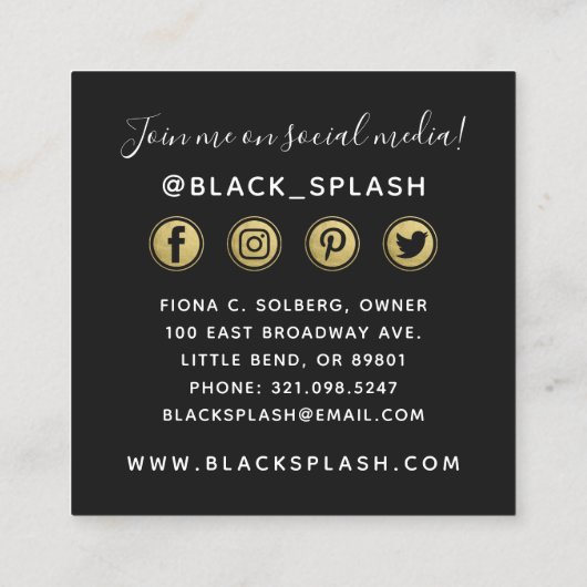 ブラック絵を描ストロークと金ゴールドのモダンソーシャルネットワーキング スクエア名刺 (裏面)
