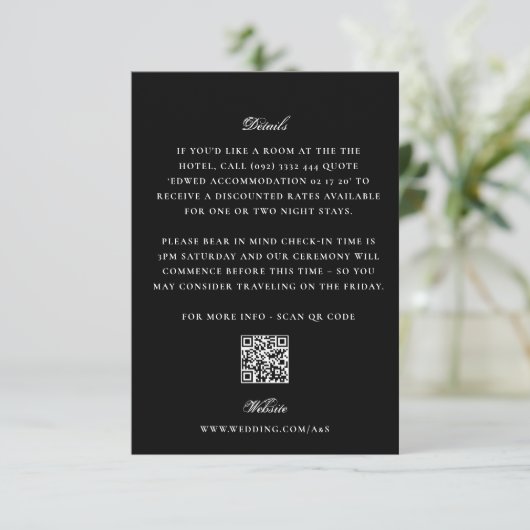 ブラック編集可能QRコードクラシックエレガントな結婚式 エンクロージャーカード (スタンド正面)