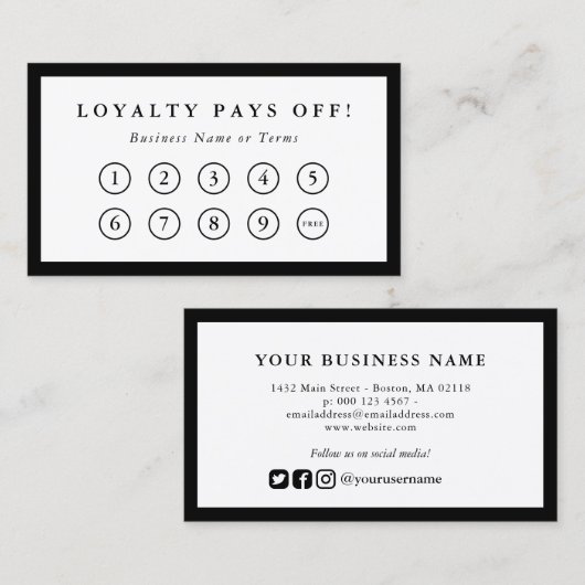 ブラック縁どソーシャルメディアロイヤリティパンチカード ロイヤリティカード (正面/裏面)