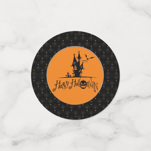 ブラック縁どハッピーハローウィン幽霊のよく出るハウス コンフェッティ (スモール正面)