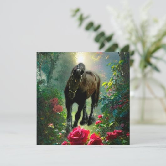 ブラック美しいフリシアンホースファンタジー – グリーティングカー 招待状 (スタンド正面)