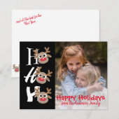 ブラック背景のクリスマスカートゥーントナカイ ホー ホー ホー シーズンカード (正面/裏面)