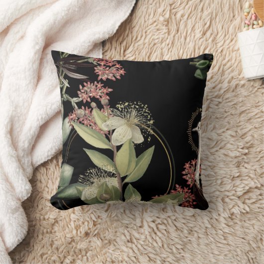 ブラック芸術的フローラデザイン クッション (ブランケット)