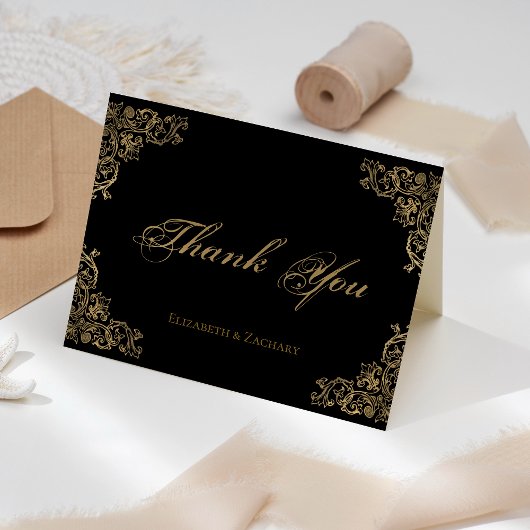 ブラック華美金ゴールドヴィンテージウェディングサンキュー カード