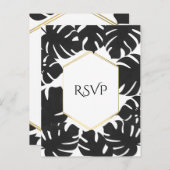 ブラック葉トロピカル金ゴールドホワイトウェディングRSVP インビテーションポストカード (正面/裏面)