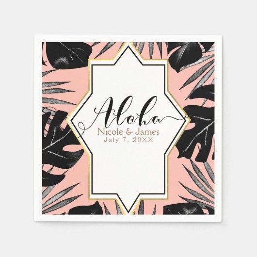 ブラック葉トロピカル金ゴールド&コーラルピーチ結婚ーズ スタンダードカクテルナプキン (正面)