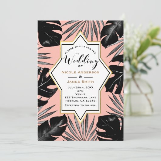 ブラック葉トロピカル金ゴールド&コーラルピーチ結婚ーズ 招待状 (スタンド正面)