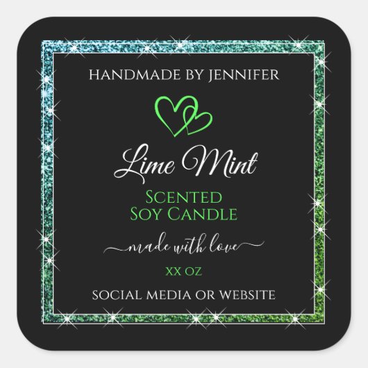 ブラック製品パッケージングラベルティール（緑がかった色）グリーングリッター スクエアシール (正面)