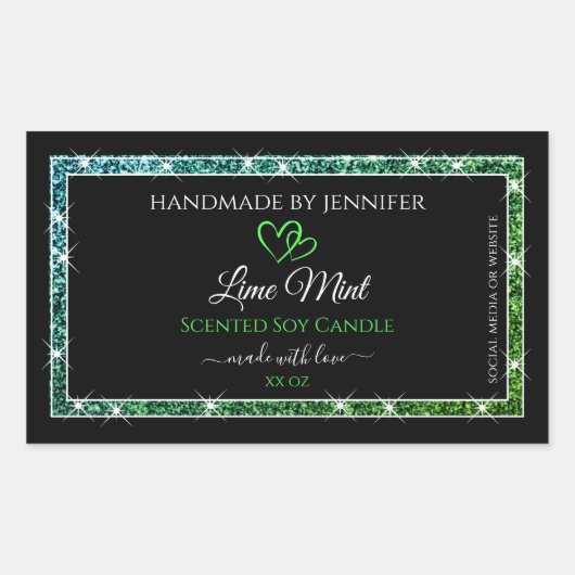 ブラック製品パッケージングラベルティール（緑がかった色）グリーングリッター 長方形シール (正面)