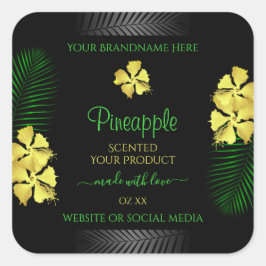 ブラック製品ラベルイエローグリーンハワイアン花 スクエアシール