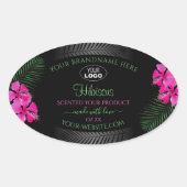 ブラック製品ラベルピンクの花グリーンの葉ロゴ付き 楕円形シール (正面)