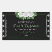 ブラック製品ラベル緑と白のバラ宝石 長方形シール (正面)