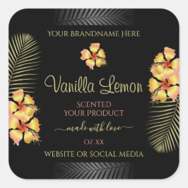 ブラック製品ラベル黄色ピンクハワイアン花 スクエアシール