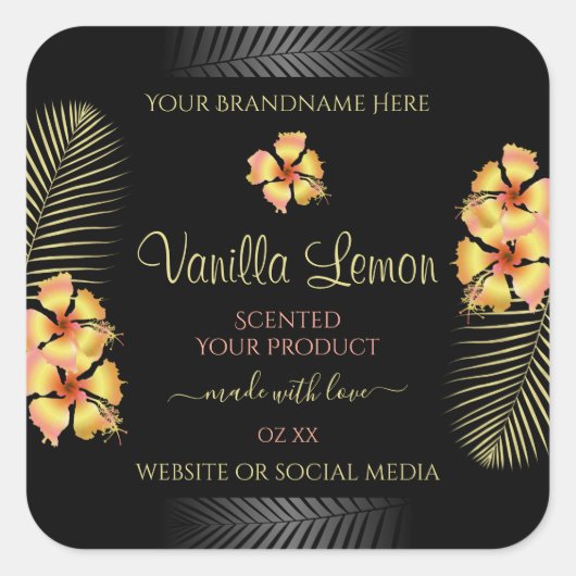 ブラック製品ラベル黄色ピンクハワイアン花 スクエアシール (正面)