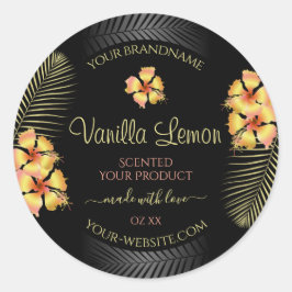 ブラック製品ラベル黄色ピンクハワイアン花 ラウンドシール