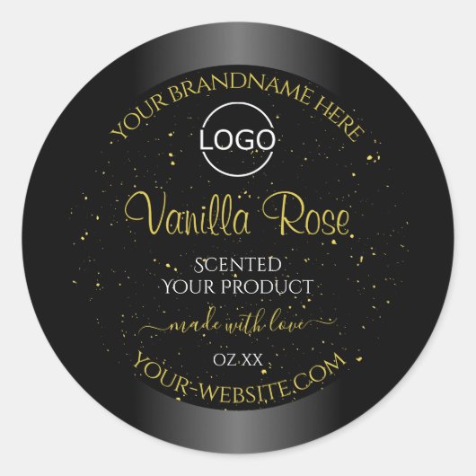ブラック製品ラベル ゴールド ソフト グリッター ロゴ付き ラウンドシール (正面)