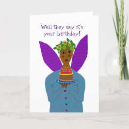 ブラック誕生日エンジェルがケーキカードを持って来る サンキューカード