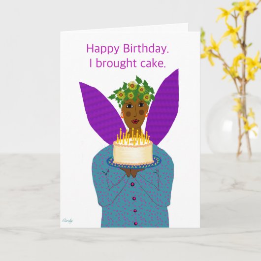 ブラック誕生日エンジェルとエンジェルフードケーキ カード (黄色い花)