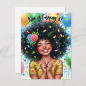 ブラック誕生日ガールとバルーンアート インビテーションポストカード (正面/裏面)