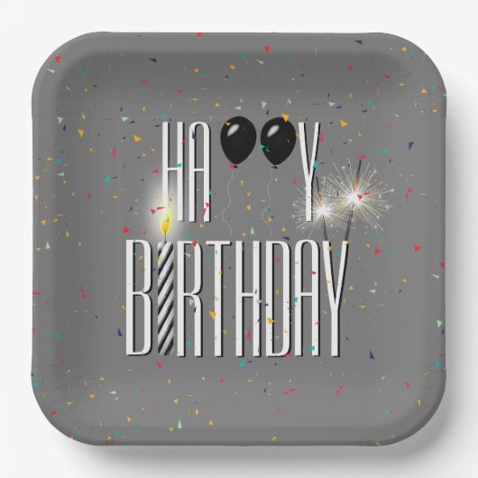 ブラック誕生日バルーンとスパークラー ペーパープレート (正面)