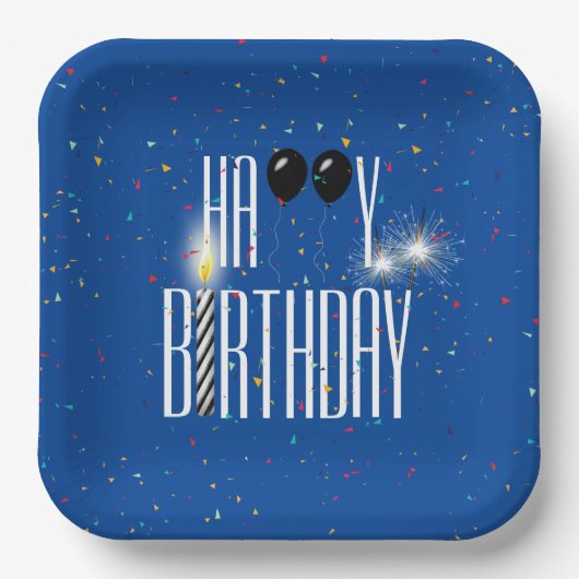 ブラック誕生日バルーンとスパークラー ペーパープレート (正面)
