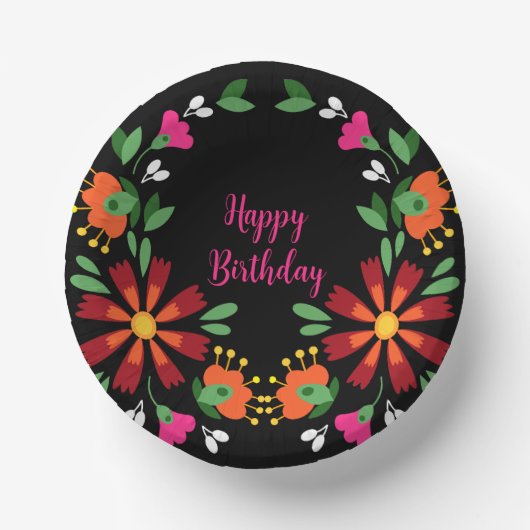 ブラック誕生日フラワーフィエスタメキシコ刺繍 ペーパーボウル (正面)