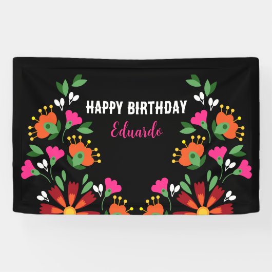 ブラック誕生日フラワーフィエスタメキシコ刺繍 横断幕 (横)