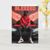 ブラック賛美マンアーバンネオンエンジェルウィング誕生日 カード (黄色い花)