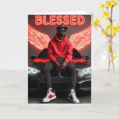 ブラック賛美マンアーバンネオンエンジェルウィング誕生日 カード (黄色い花)