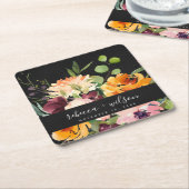 ブラック赤面イエローオレンジフローラバンチ結婚ーズ スクエアペーパーコースター (アングル)